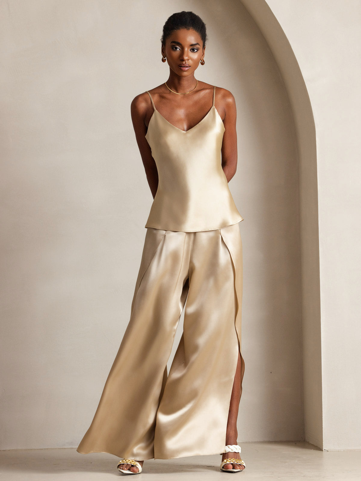[Champagne] SilkSilky-UK Pure Silk V Neck Camisole 001