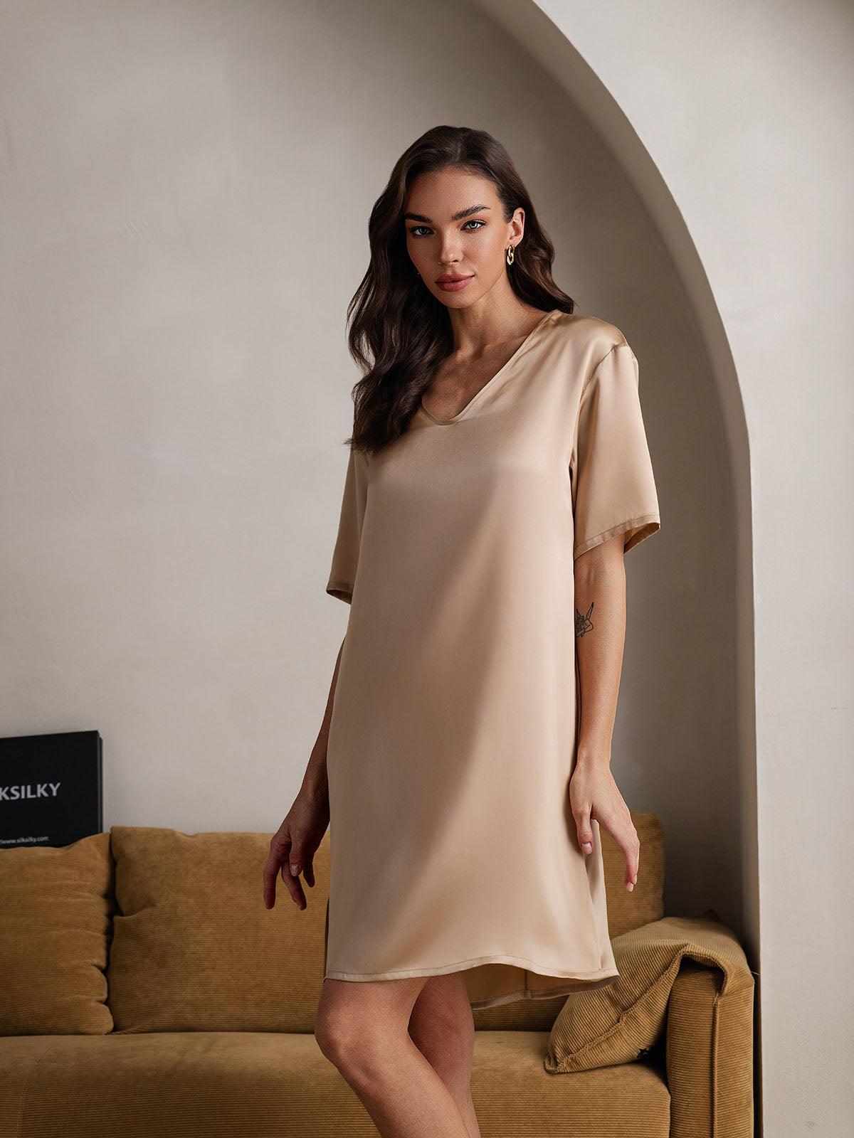 [Champagne] SilkSilky-UK Pure Silk V Neck Nightdress 005
