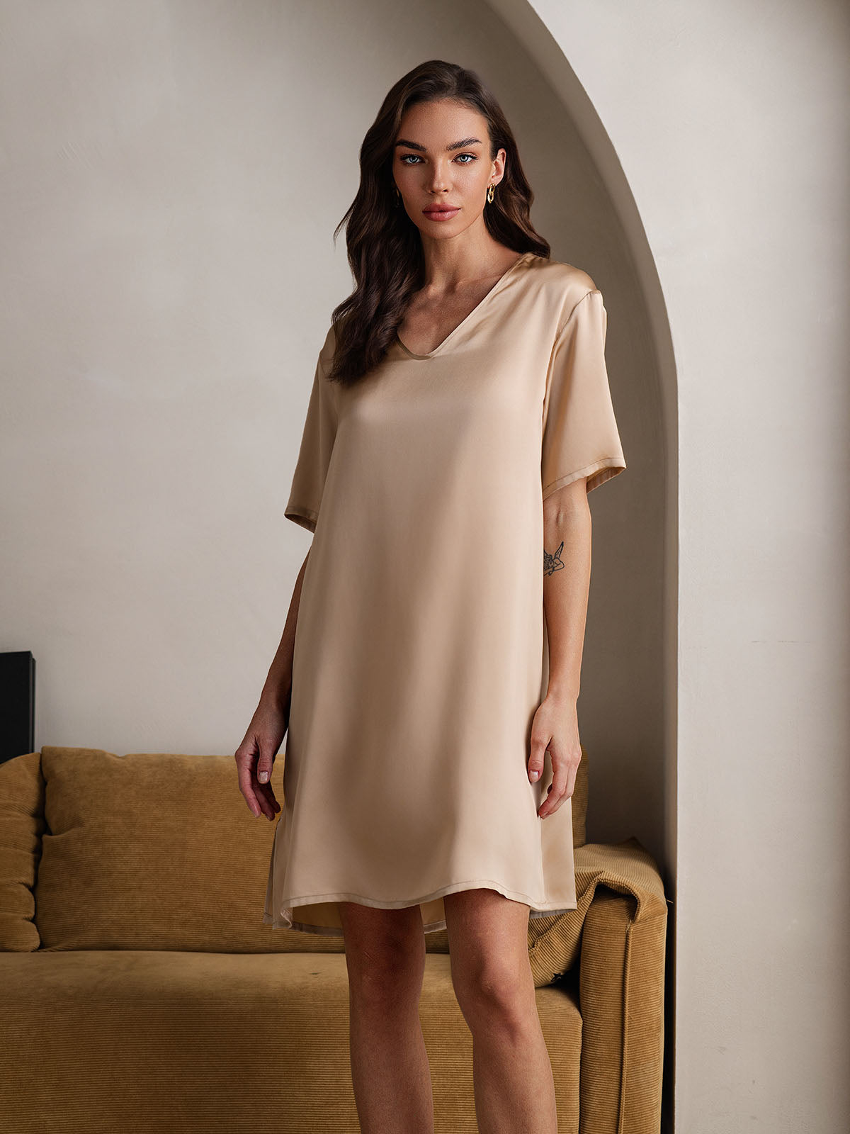 [Champagne] SilkSilky-UK Pure Silk V Neck Nightdress 006
