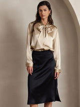 [Champagne] SilkSilky-UK 19Momme Stretch Silk Charmeuse Long Sleeve Tie Neck Blouse 004