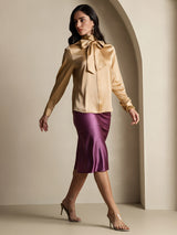 [Champagne] SilkSilky-UK Long Sleeve Tie Neck Blouse 009