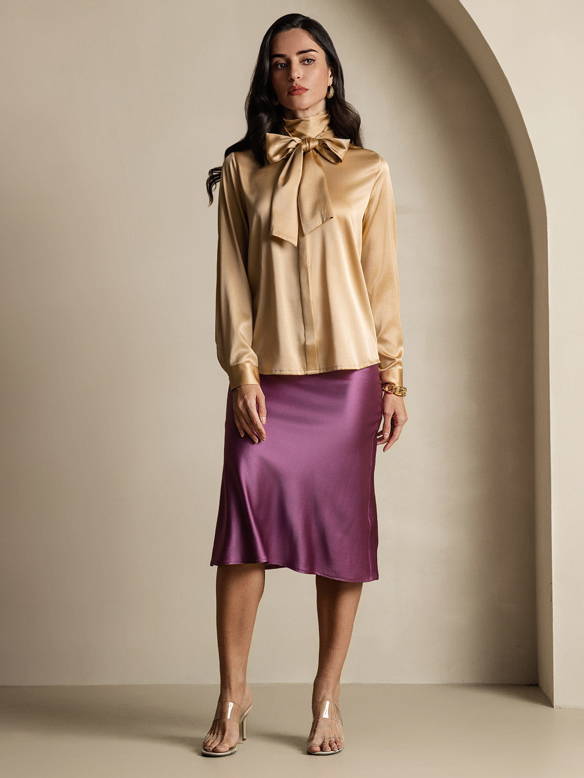 [Champagne] SilkSilky-UK 19Momme Silk Long Sleeve Tie Neck Blouse 010