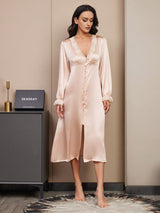 [Champagne] SilkSilky-UK Pure Silk Long Sleeve V Neck Nightdress 003