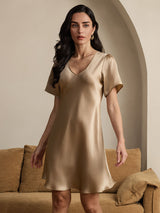 [Champagne] SilkSilky-UK Short Sleeve V Neck Nightdress 003