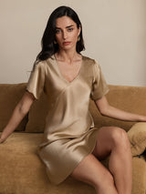 [Champagne] SilkSilky-UK Short Sleeve V Neck Nightdress 007