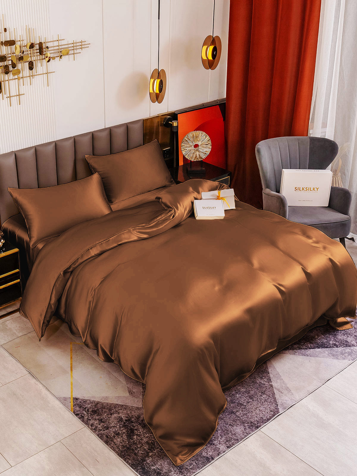 [Coffee] SilkSilky-UK 19Momme Pure Silk Bedding Set 001