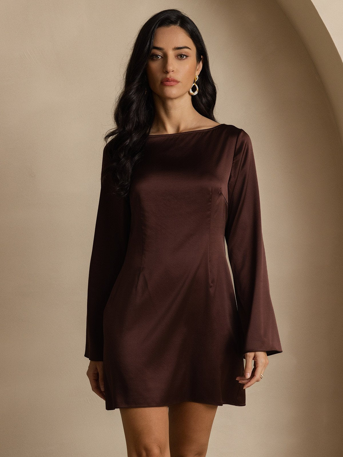 [Coffee] SilkSilky-UK 19Momme Silk Long Sleeve Boat Neck Dress 005