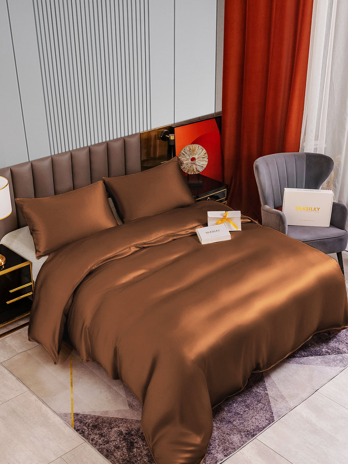 [Coffee] SilkSilky-UK 22Momme Pure Silk Bedding Set 002