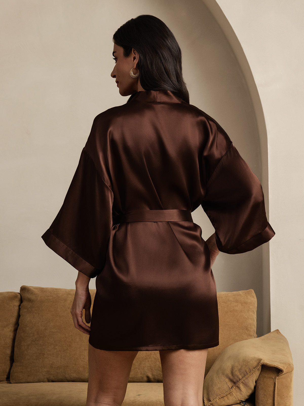 [Coffee] SilkSilky-UK Pure Silk Half Sleeve Womens Robe 002