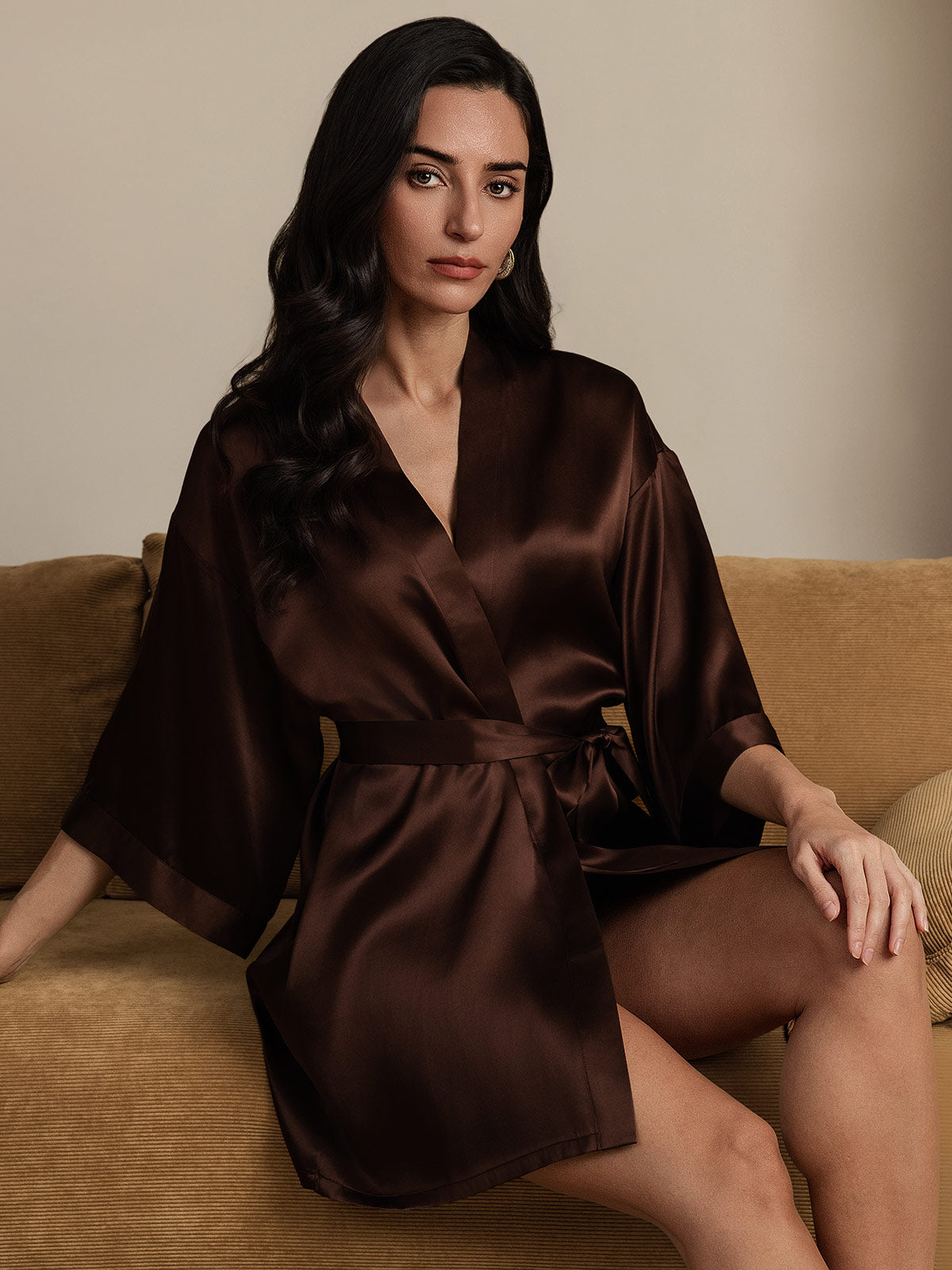 [Coffee] SilkSilky-UK Pure Silk Half Sleeve Womens Robe 003