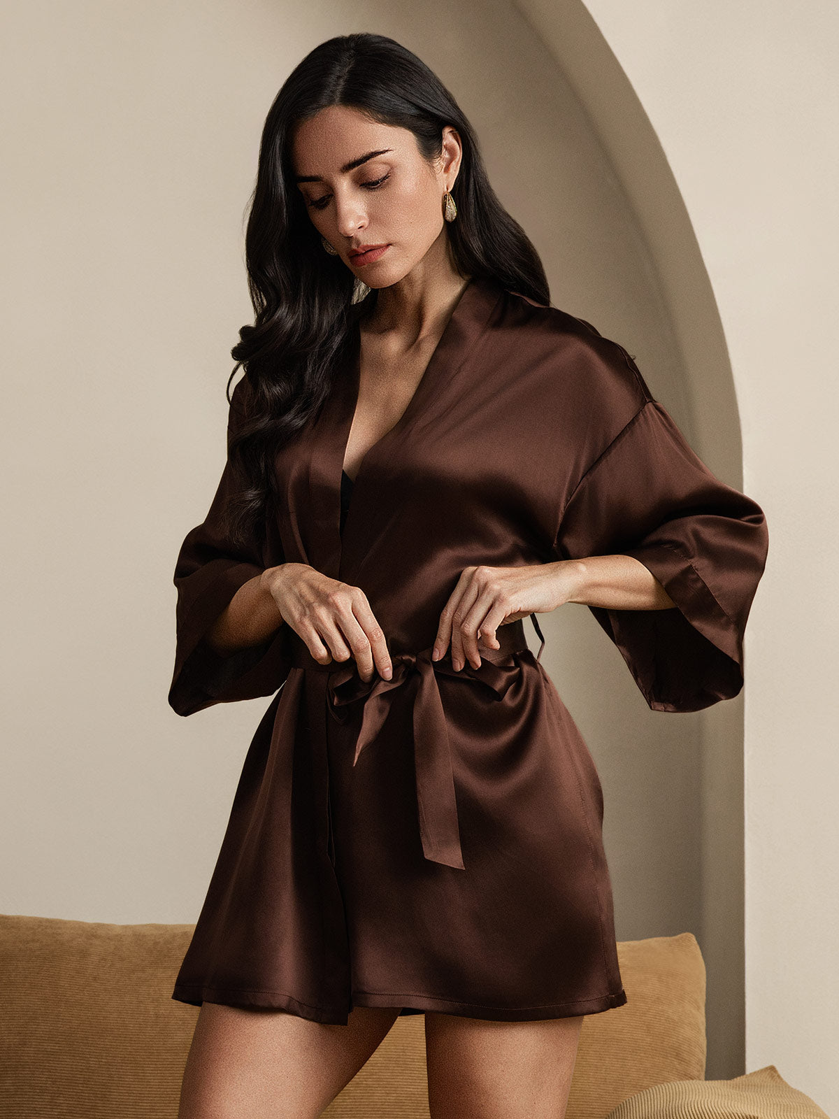 [Coffee] SilkSilky-UK Pure Silk Half Sleeve Womens Robe 005