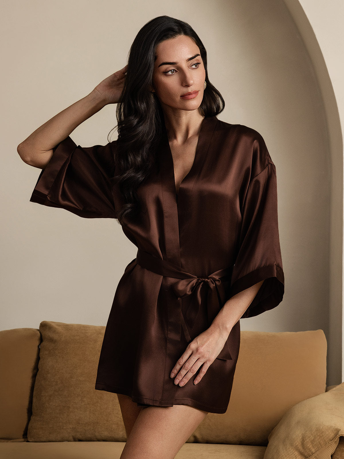 [Coffee] SilkSilky-UK Pure Silk Half Sleeve Womens Robe 006