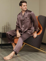 [Coffee] SilkSilky-UK Pure Silk Long Sleeve Lapel Men's Pyjamas 001