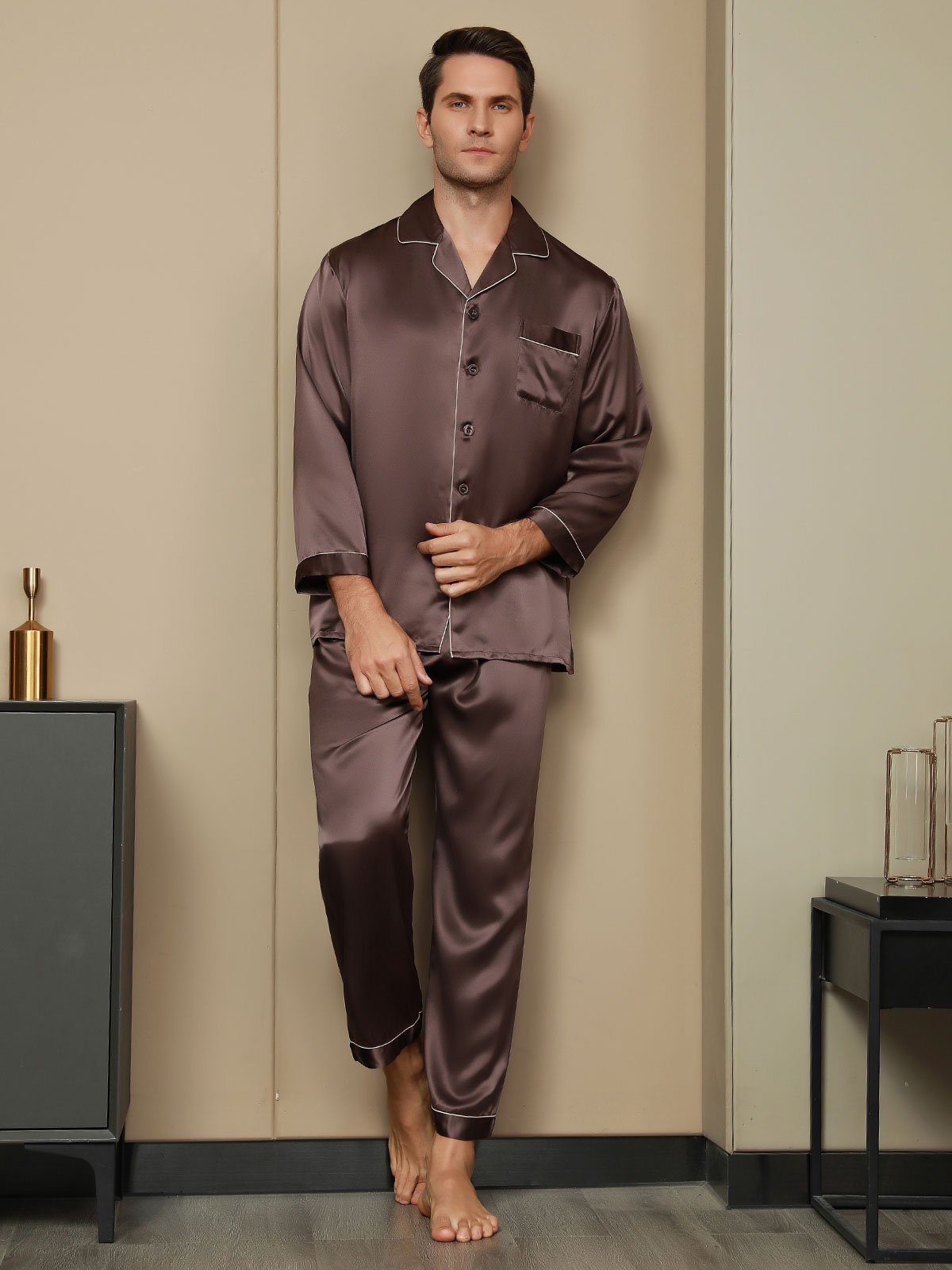 [Coffee] SilkSilky-UK Pure Silk Long Sleeve Lapel Men's Pyjamas 002