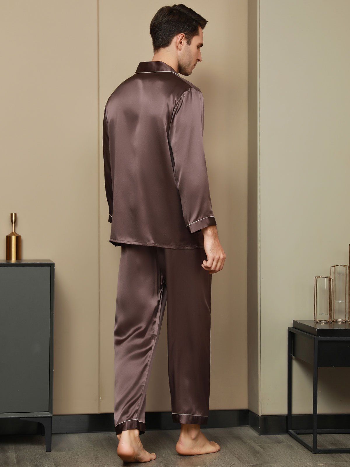 [Coffee] SilkSilky-UK Pure Silk Long Sleeve Lapel Men's Pyjamas 003