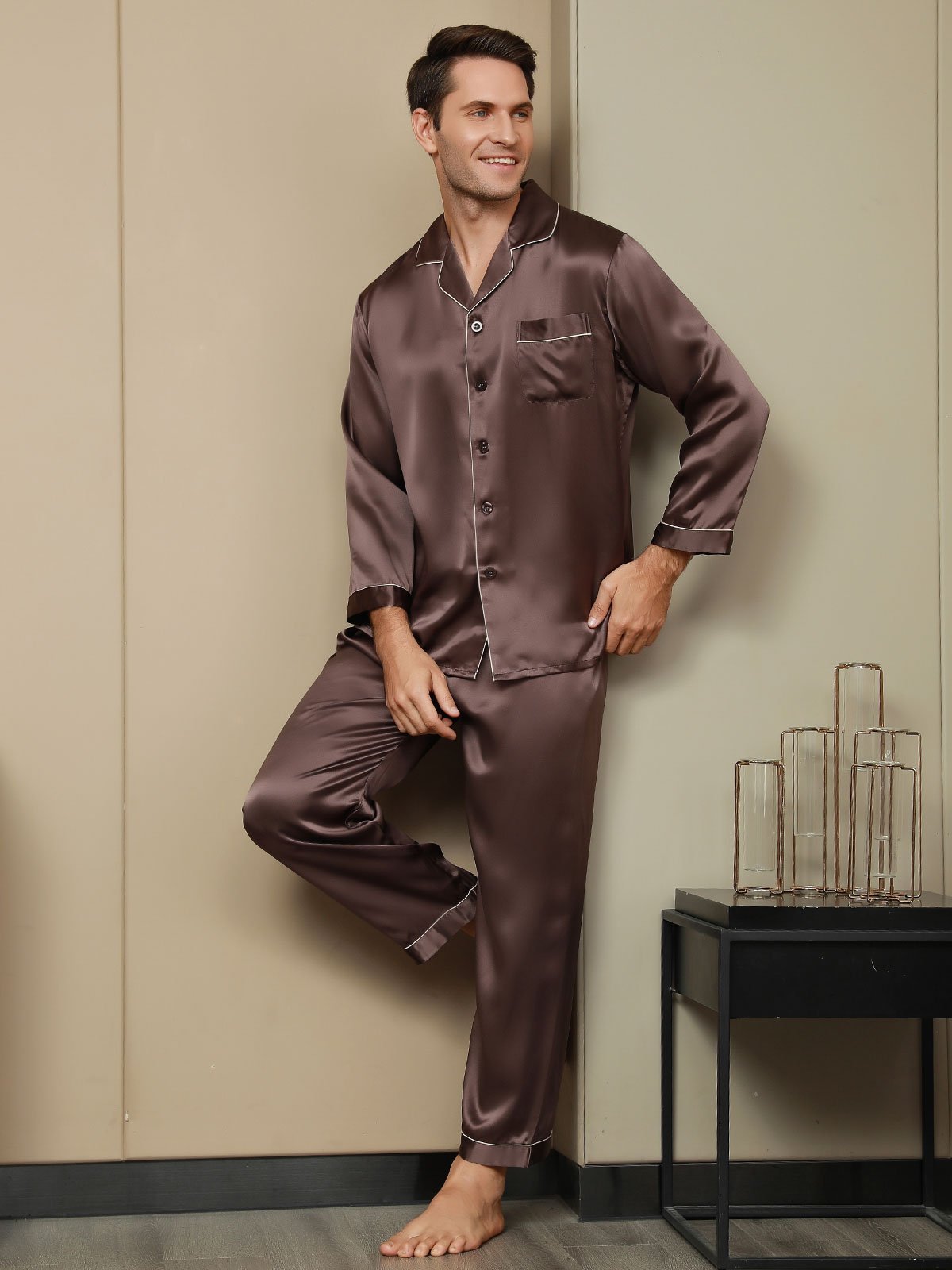 [Coffee] SilkSilky-UK Pure Silk Long Sleeve Lapel Men's Pyjamas 004