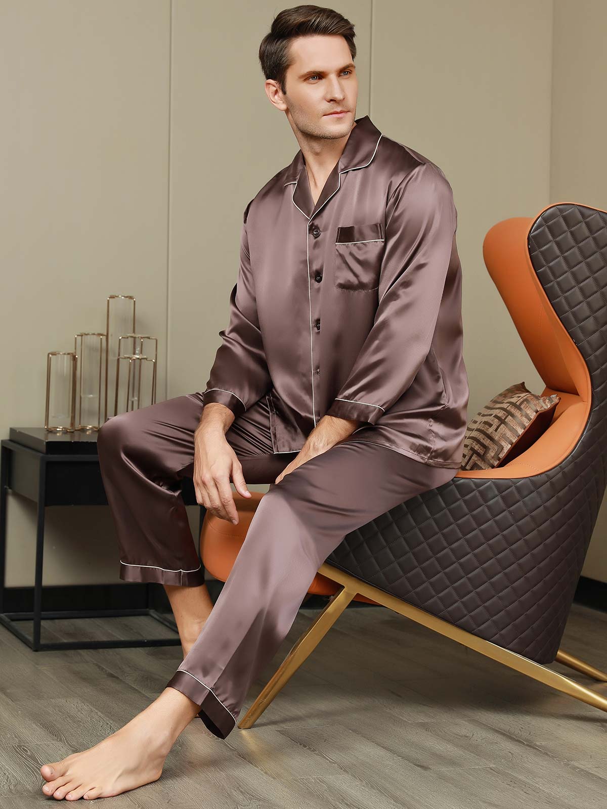 [Coffee] SilkSilky-UK Pure Silk Long Sleeve Lapel Men's Pyjamas 006