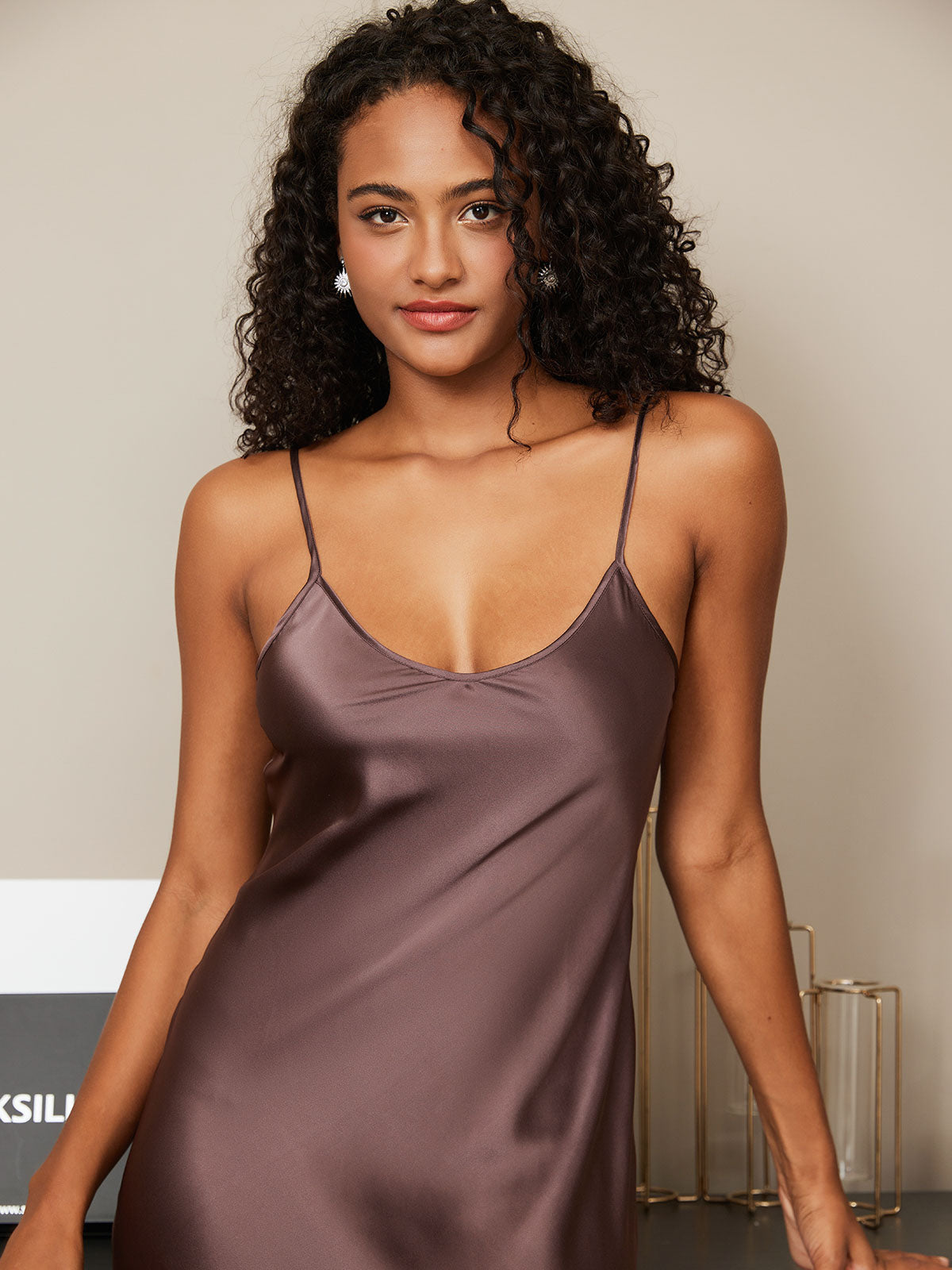[Coffee] SilkSilky-UK Pure Silk Sleeveless Boat Neck Nightdress 004