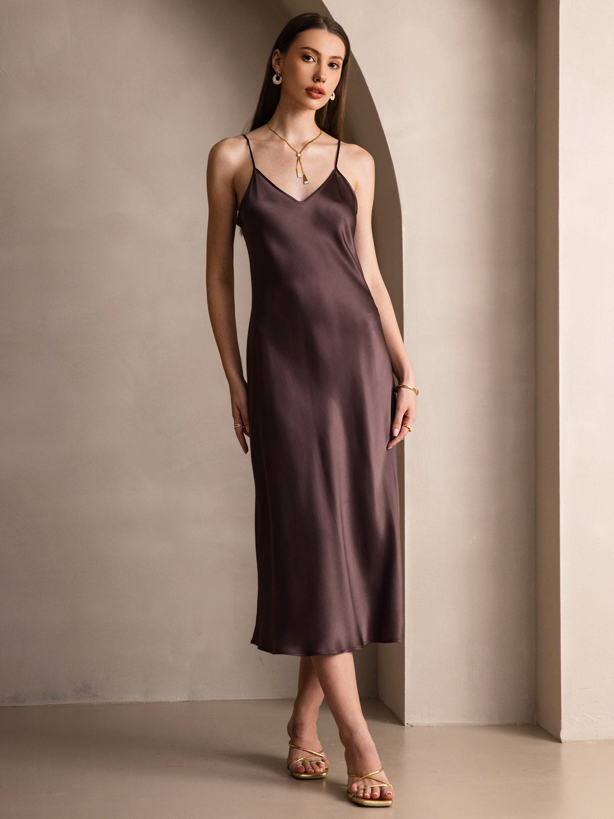 [Coffee] SilkSilky-UK Pure Silk Sleeveless Round Neck Dress 001