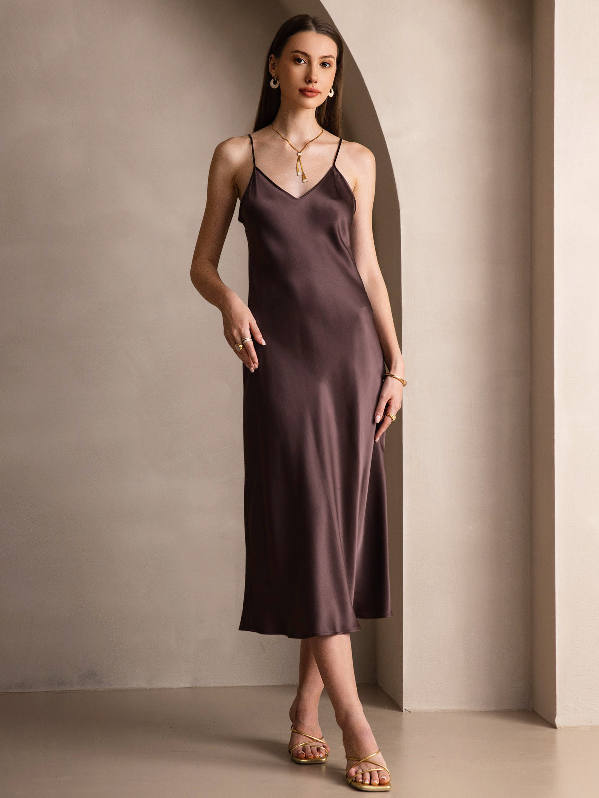 [Coffee] SilkSilky-UK Pure Silk Sleeveless Round Neck Dress 003