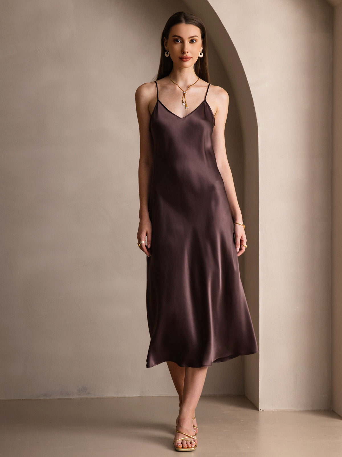 [Coffee] SilkSilky-UK Pure Silk Sleeveless Round Neck Dress 004