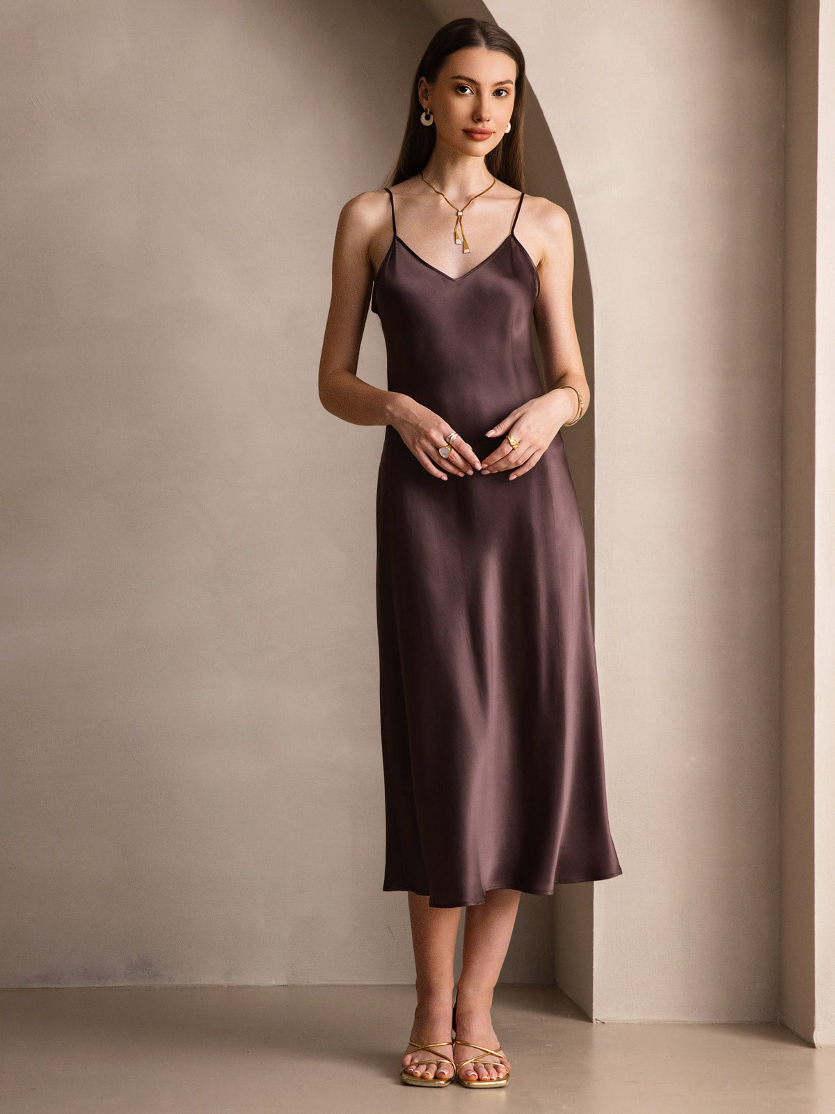 [Coffee] SilkSilky-UK Pure Silk Sleeveless Round Neck Dress 005