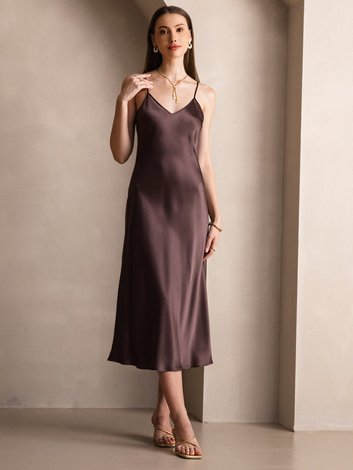 [Coffee] SilkSilky-UK Pure Silk Sleeveless Round Neck Dress 005
