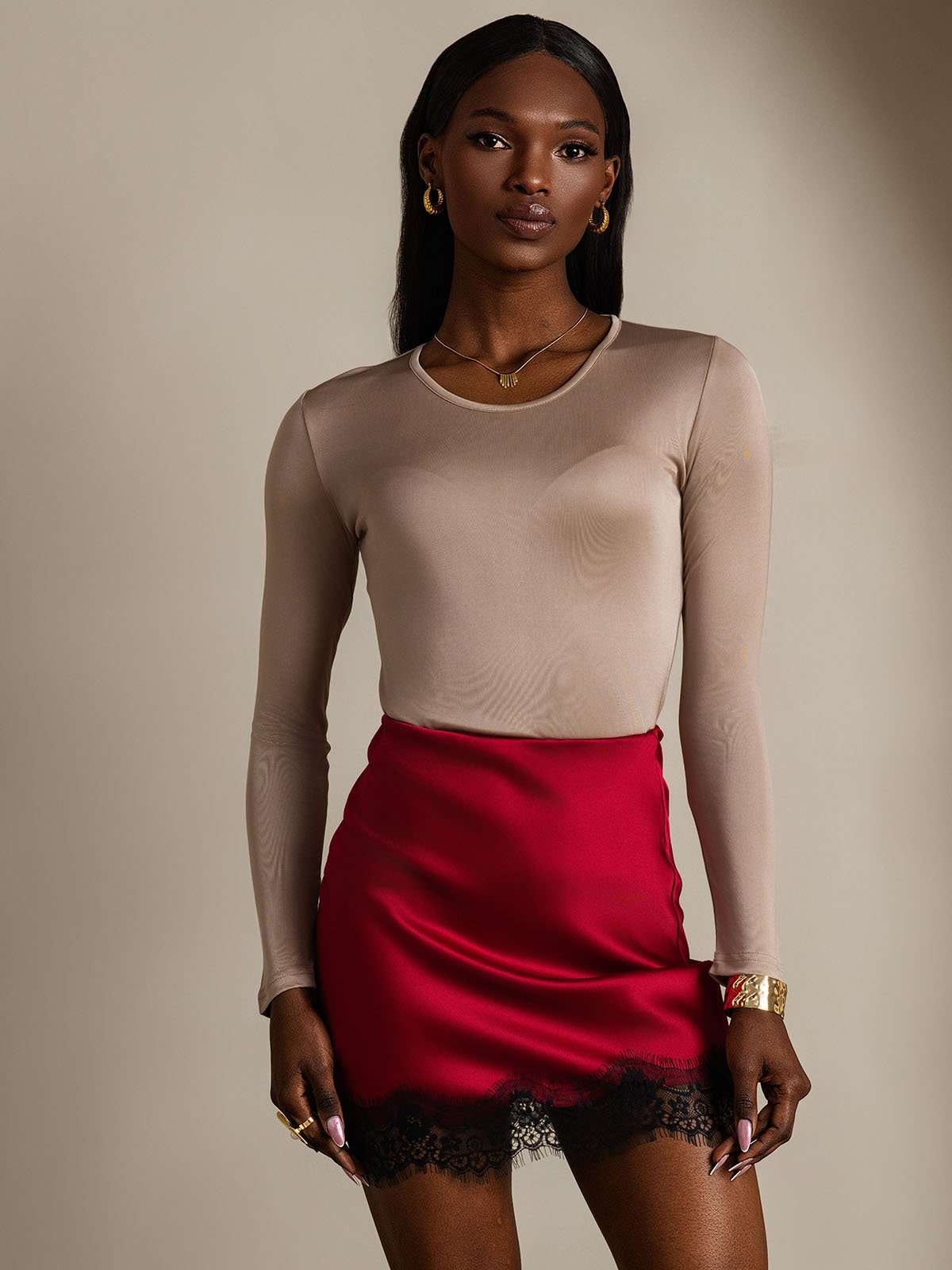 [Coffee] SilkSilky-UK Silk Long Sleeve Round Neck Women's T-Shirt 001