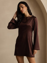 [Coffee] SilkSilky-UK 19Momme Long Sleeve Boat Neck Dress 006