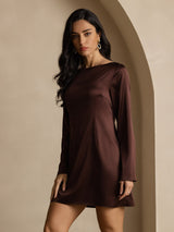 [Coffee] SilkSilky-UK 19Momme Long Sleeve Boat Neck Dress 007