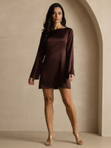 [Coffee] SilkSilky-UK 19Momme Long Sleeve Boat Neck Dress 008