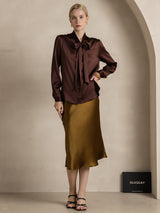 [Coffee] SilkSilky-UK 19Momme Stretch Silk Charmeuse Long Sleeve Tie Neck Blouse 006