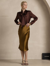 [Coffee] SilkSilky-UK 19Momme Stretch Silk Charmeuse Long Sleeve Tie Neck Blouse 007