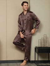 [Coffee] SilkSilky-UK Long Sleeve Lapel Collar Men's Pyjamas 004