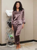 [Coffee] SilkSilky-UK Long Sleeve Lapel Collar Women's Pyjamas 003