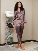 [Coffee] SilkSilky-UK Long Sleeve Lapel Collar Women's Pyjamas 005