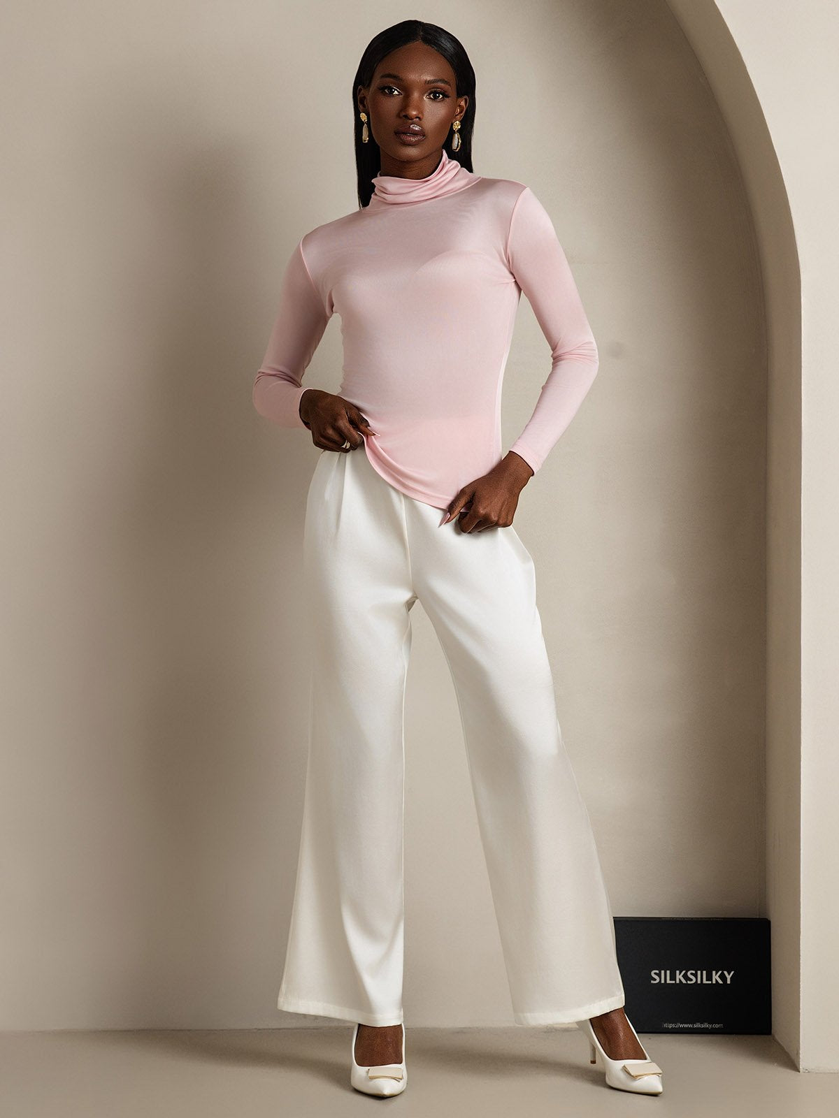 [Coral Pink] SilkSilky-UK Silk Long Sleeve Womens T-Shirt 005