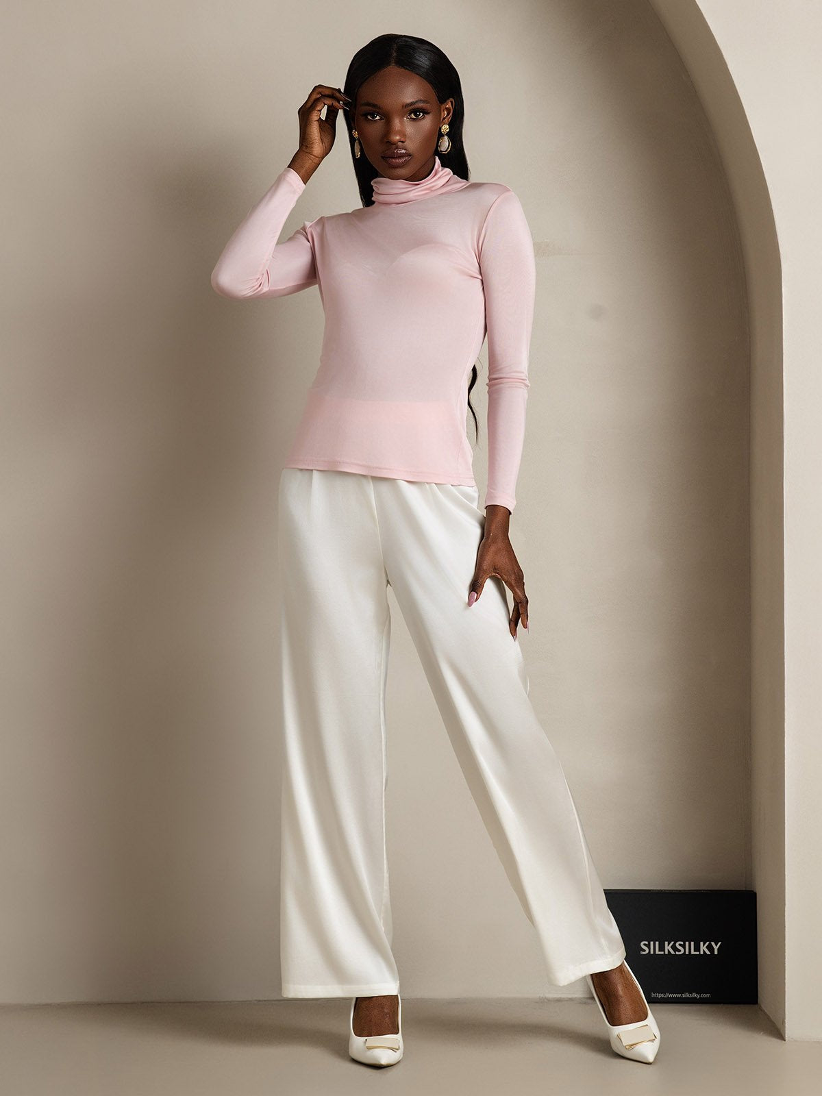 [Coral Pink] SilkSilky-UK Silk Long Sleeve Womens T-Shirt 006
