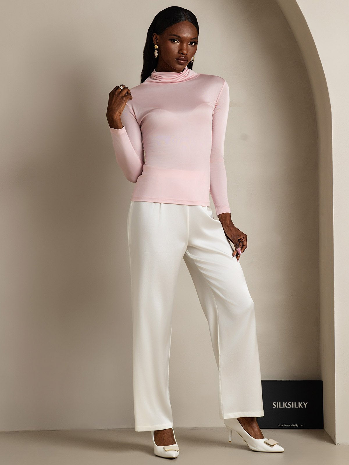 [Coral Pink] SilkSilky-UK Silk Long Sleeve Womens T-Shirt 007