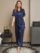 [Dark Blue] SilkSilky-UK Short Sleeve Lapel Collar Women's Pyjamas 001