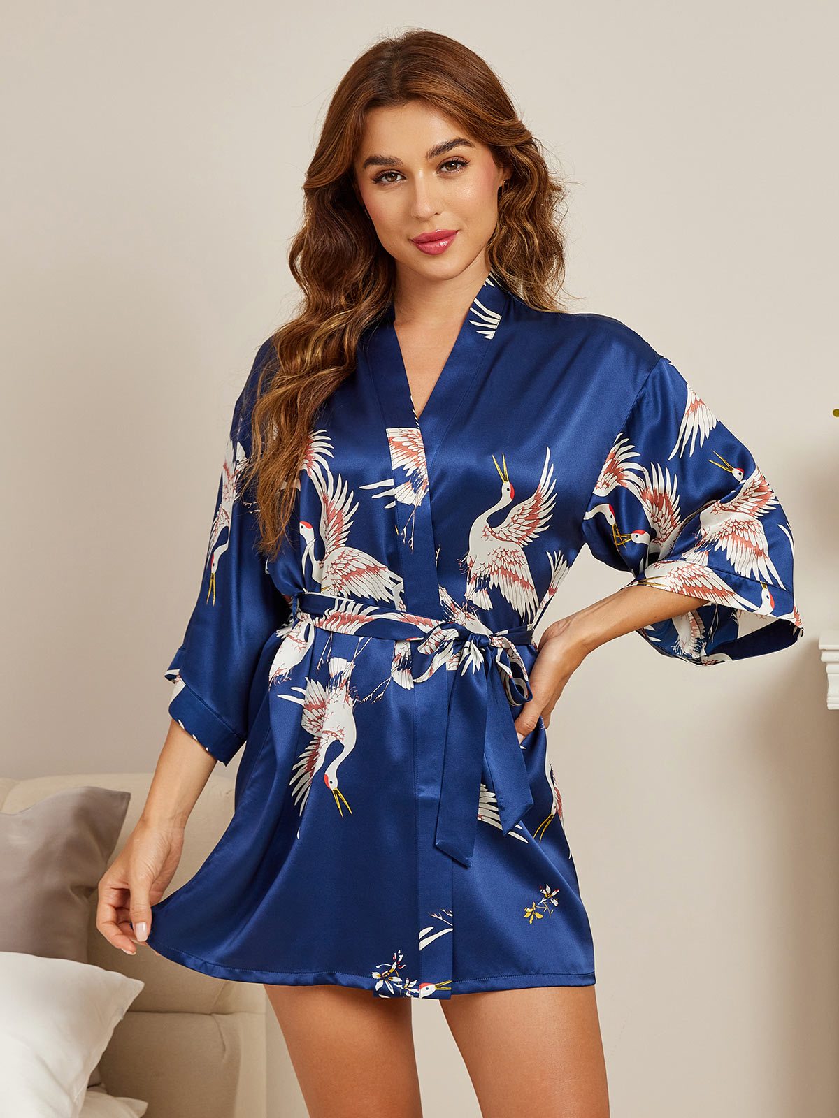 [Dark Blue] SilkSilky-UK 19Momme Pure Silk 3/4 Sleeve V Neck Women's Dressing Gown 003