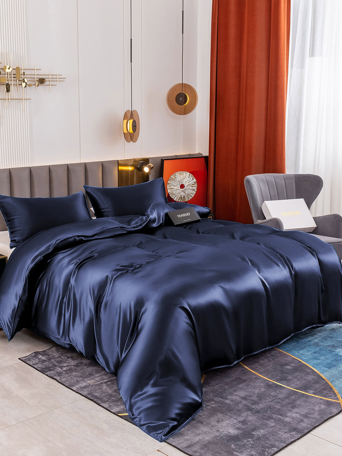 [Dark Blue] SilkSilky-UK 19Momme Pure Silk Bedding Set 001