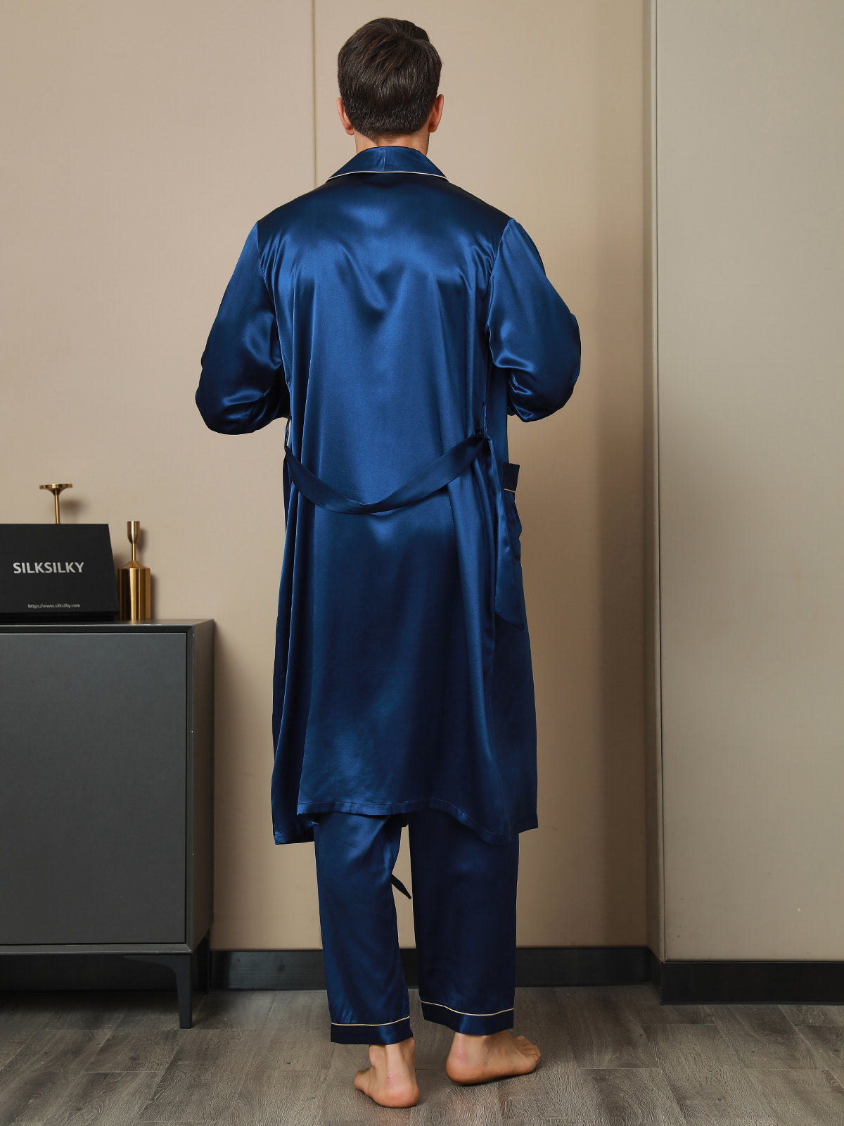 [Dark Blue] SilkSilky-UK 19Momme Pure Silk Long Sleeve Lapel Men's Dressing Gown 002