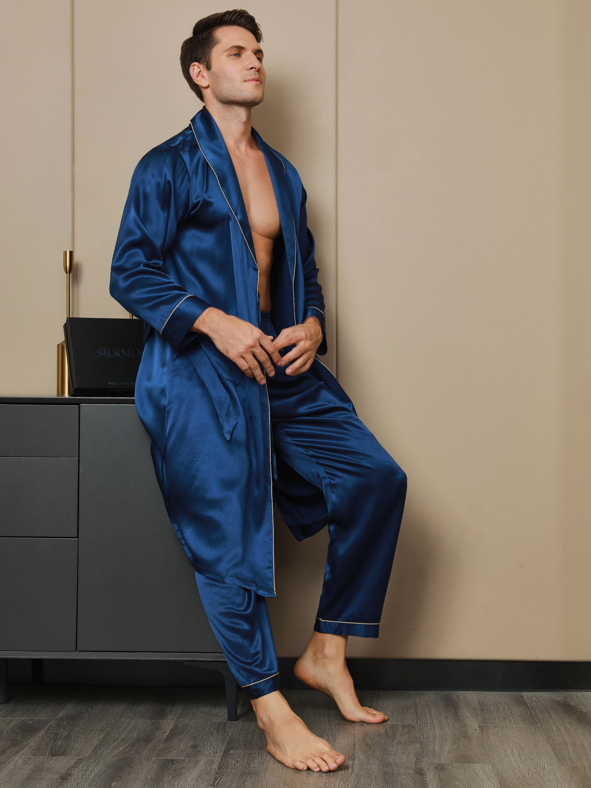 [Dark Blue] SilkSilky-UK 19Momme Pure Silk Long Sleeve Lapel Men's Dressing Gown 003