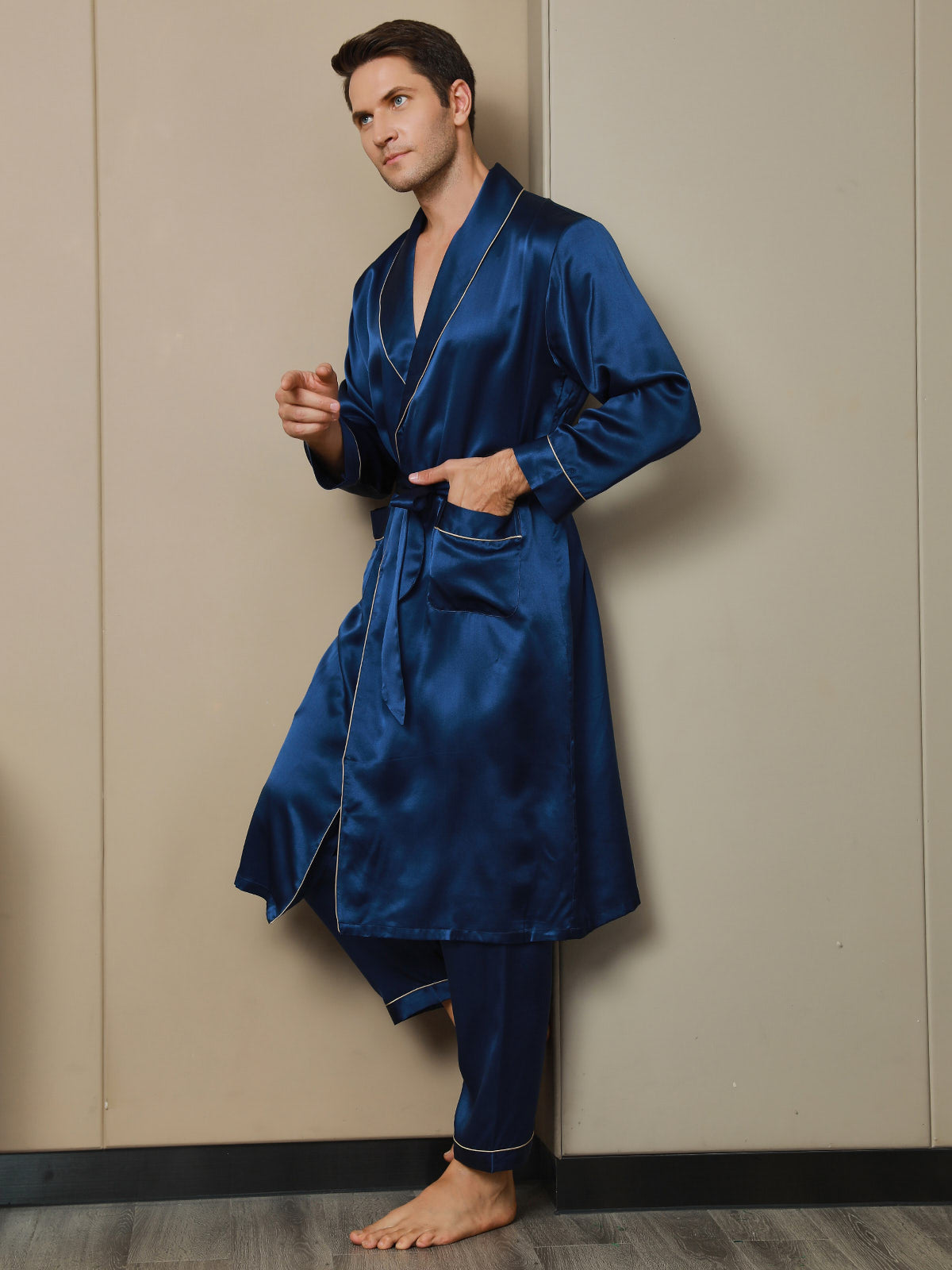 [Dark Blue] SilkSilky-UK 19Momme Pure Silk Long Sleeve Lapel Men's Dressing Gown 005