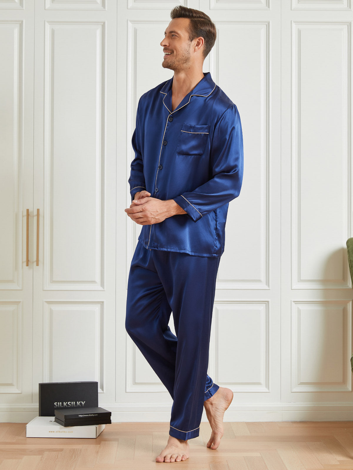 [Dark Blue] SilkSilky-UK 19Momme Pure Silk Long Sleeve Lapel Men's Pyjamas 002