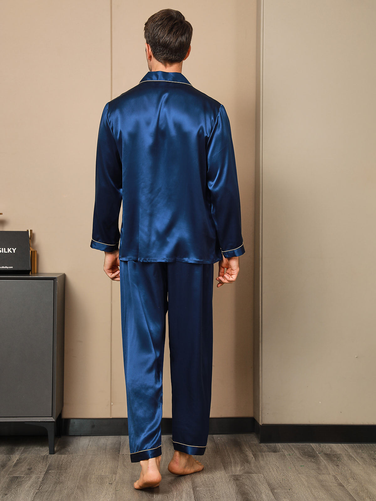 [Dark Blue] SilkSilky-UK 19Momme Pure Silk Long Sleeve Lapel Men's Pyjamas 002