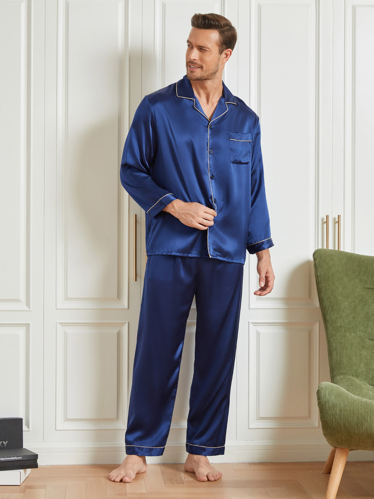 [Dark Blue] SilkSilky-UK 19Momme Pure Silk Long Sleeve Lapel Men's Pyjamas 003