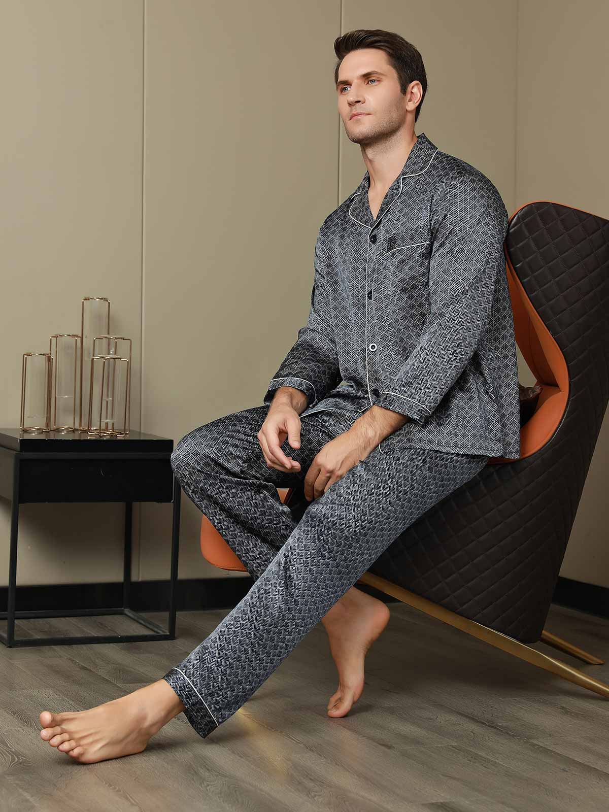 [Dark Blue] SilkSilky-UK 19Momme Pure Silk Long Sleeve Lapel Men's Pyjamas 003