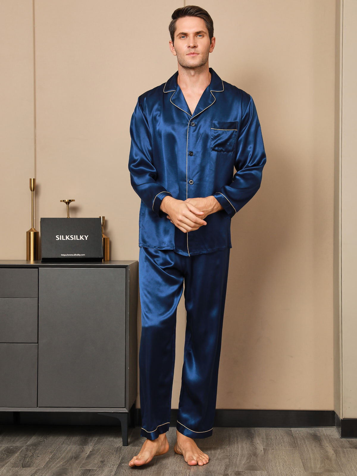[Dark Blue] SilkSilky-UK 19Momme Pure Silk Long Sleeve Lapel Men's Pyjamas 004